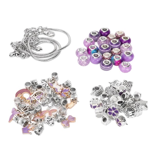 Armbåndssæt med udsøgte grundlæggende armbånd, vedhæng, store perler, farvede perler, DIY smykkefremstillingssæt, lilla