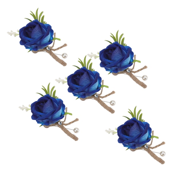 5 stk bryllupsknapphullsbrosje med fast nål i plast, kunstig blomsterkorsasj for brud og brudgom, blå