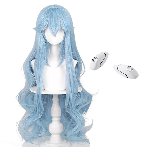 Isblå Cosplay-Parukk med Hårspenne - Lang Krøllete Fluffy Anime Hår for Kvinner - Varmebestandig Syntetisk Hår