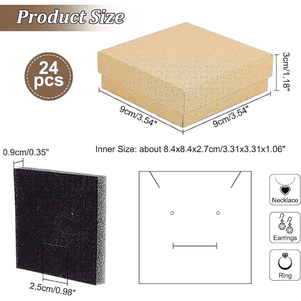 24 kpl Burlywood suorakulmainen lahjakartonkilaatikko korujen esillepanoon ja säilytykseen, 9×9×3 cm