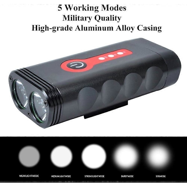 Sykkellyktsett med 5 moduser, 1000 lumen, supersterk, 360 grader roterbar, IP65, vanntett, USB