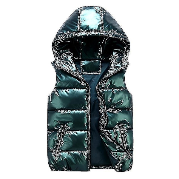 Shiny Unisex Padded Vest with Hood and Stand Collar S Green