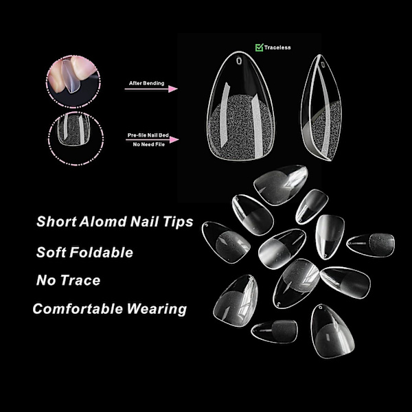 Amerikansk kapsel mandel nagelkit - 552 delar, 12 storlekar, klar matt, XS korta nagelspetsar, transparenta falska naglar, DIY nagelpress på kit