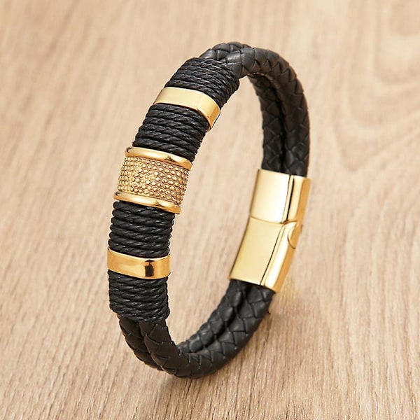 Mænds Sort Læderarmbånd med Guld Magnetisk Rustfrit Stål Spænde