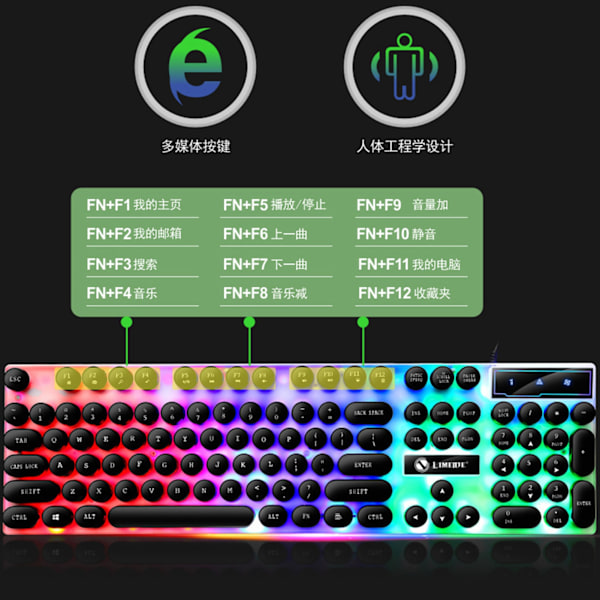Tastatur Mus Combo Punk Retro Keycaps USB Kablet Farverig baggrundsbelyst Holdbar ABS tastatur og mus til gaming bærbar PC Black Punk Sæt