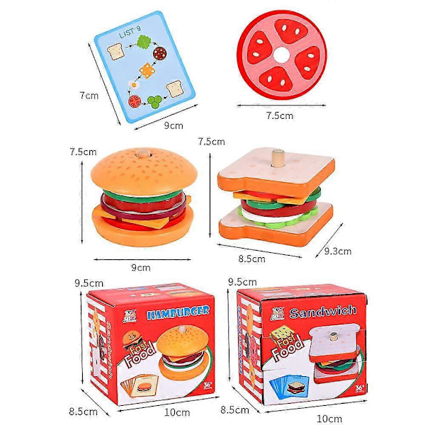 Pedagogiske Hamburger Sandwich Stableklosser i Tre for Barn - Fine Motoriske Ferdigheter Leker Hamburger
