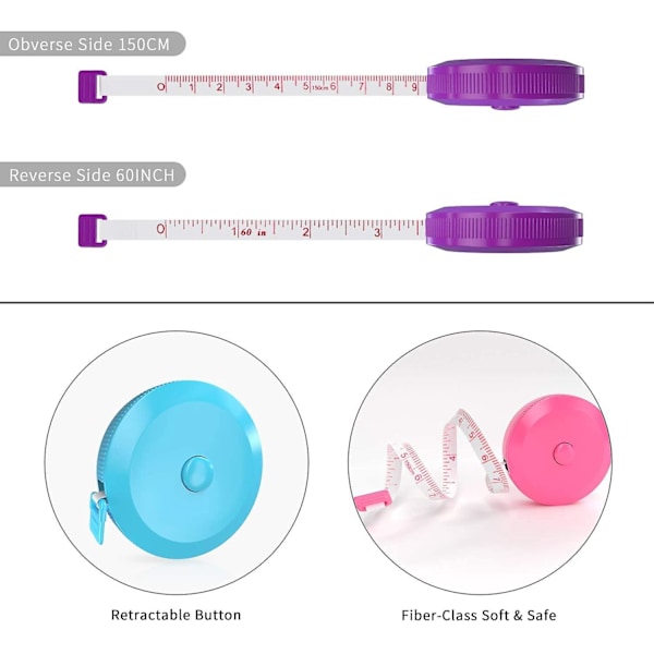 1,5 m 60 tum Rund Infällbar Måttband 3 Färger (Blå, Rosa, Lila, 1 Per Färg) Mjuk Förpackning