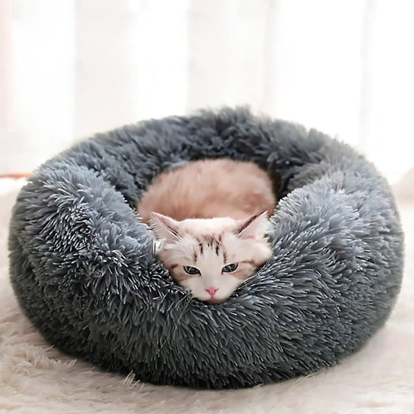 Hundbädd 50CM Kattbädd Tvättbar Hundbädd Halkfri Rund Plysch Djurbädd Rund Kudde för Katt Hund (Mörkgrå)