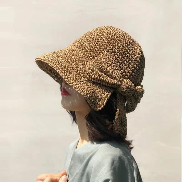 Bred Vikbar Strandhatt för Kvinnor Sommarhatt för Kvinnor med Rosett