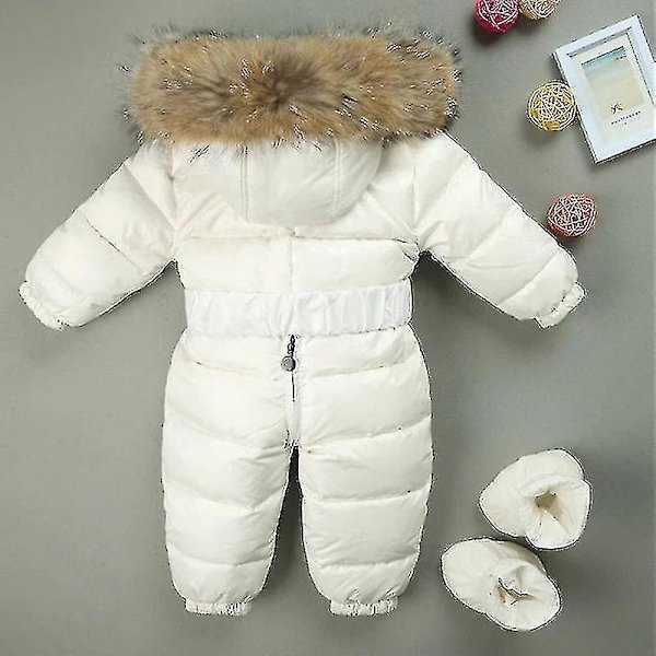 Mysig babyhuva overall - Unisex sparkdräkt för 0-24 månader med pälskrage 60cm Vit