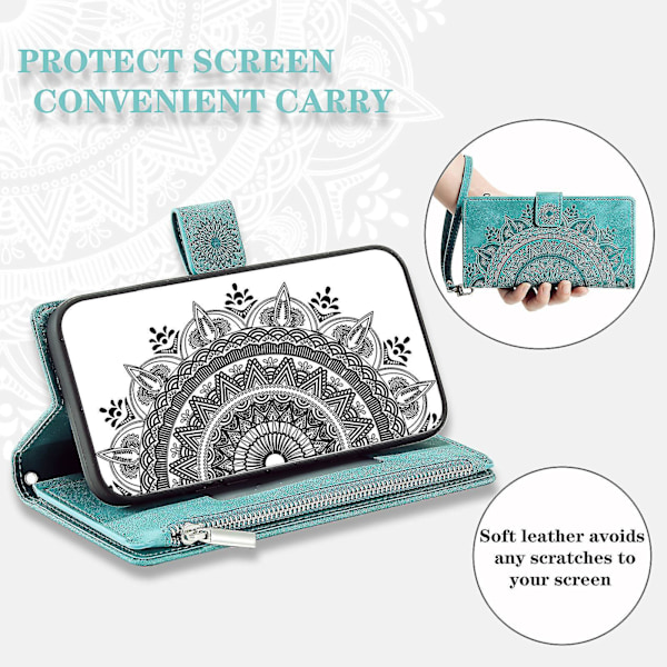 Til Samsung Galaxy A54 5G PU Læder Mandala Blomst Præget Håndtaske Lynlåslomme Etui Stativ Flere Kort Slots Flip Cover med Rem-B6 Grøn