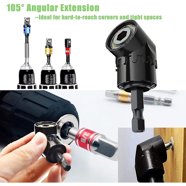 Vinkelborr, Professionell 105° Vinkelborr, 1/4\" 3/8\" 1/2\" Hex Borr Adapter Set, 3 Delar Hex Hylsadapter för Borrning (Svart)