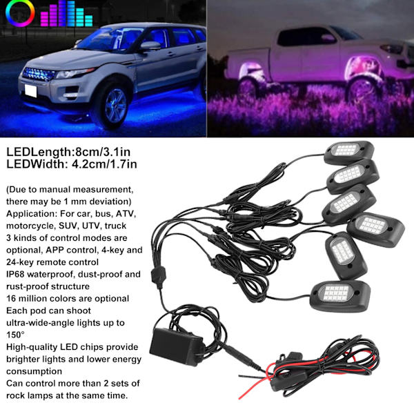 6 stk Atmosfærisk Chassislys Bil Eksteriør Dekorasjon Neonlampe RGB LED for Jeep ATV SUV