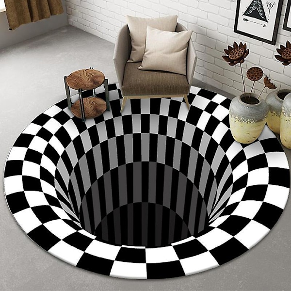 Svartvit Rutmönstrad Rund Matta, 3D Vortex Illusion Matta, 3D Vortex Matta Sovrum Vardagsrum, 80cm