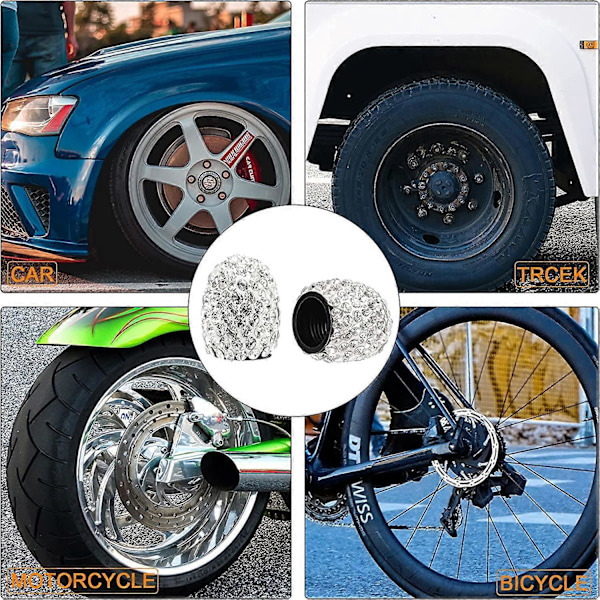 4 stk. Hvite Dekkventilhetter, Rhinestone Auto Ventilhetter Ventilstammedeksel Lufttett Forsegling for Biler SUV Lastebiler Motorsykler