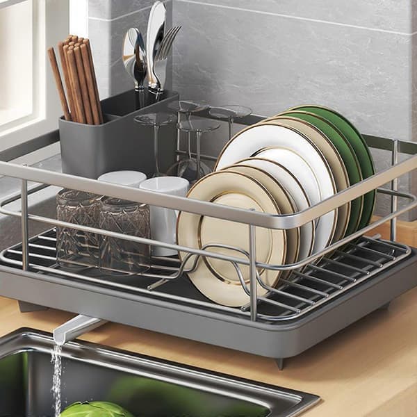 Elegant Kitchen Dish Drying Rack with Cutlery Storage, Carbon Steel Drying Rack with Removable Drain Base, White White