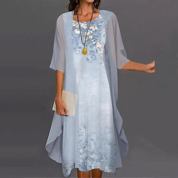 Bohemian Floral Print Todelt Kjole Sæt - Himmelblå - Størrelse L