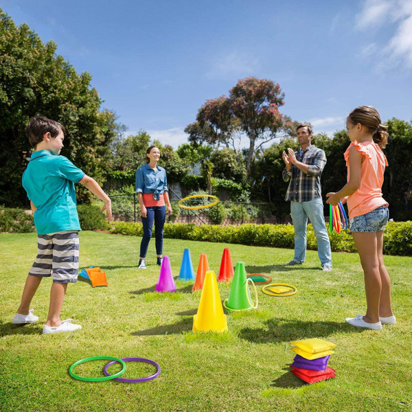 Kids Outdoor Ring Toss Game Set - Morsomme Carnival Garden Bakgård utendørs spill med Traffic Cone bønneposer