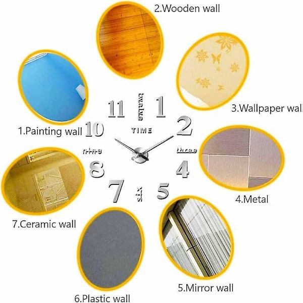 Lydløs Pendul Vægur, Moderne Mode Vægur Rammeløs 3D Spejl Sticker Kontor Hjem Dekoration DIY Vægur (Sort)