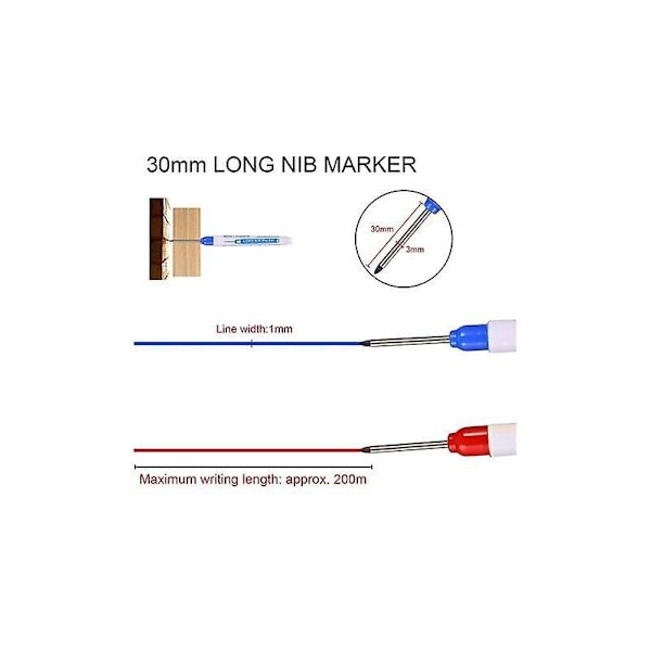 6 stk. dype hullmarkører, snekkerpenn, 30 mm fin spiss permanent markørpenn, permanent filtpen for merking på vanskelig tilgjengelige steder (blå rød)