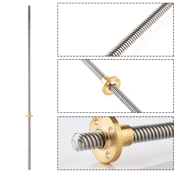 T8 8mm Trapesformet rustfritt stål gjengestang blyskrue og messingmutter for 3D-skriver 500mm