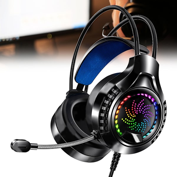 Kablet computerheadset 7.1 lydkanal justerbart hovedbånd bløde ørekopper dobbelte 3,5 mm og USB RGB computer gaming hovedtelefoner