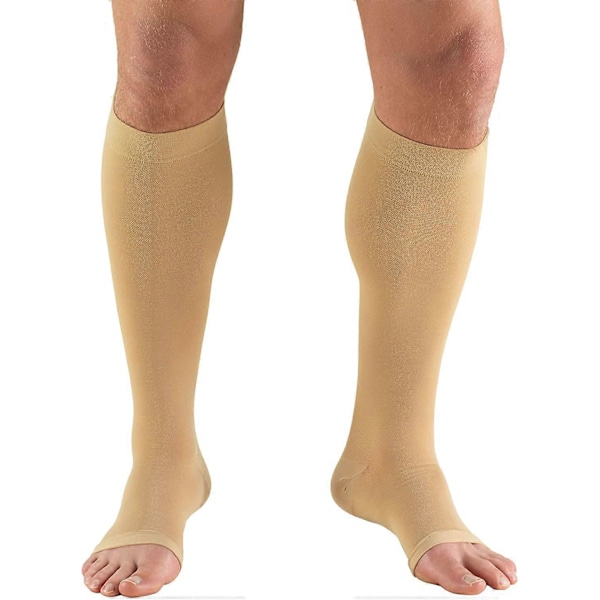 30-40 mmHg Kompressionsstrømper til Mænd og Kvinder, Knæhøj Længde, Åben Tå, Beige, Stor