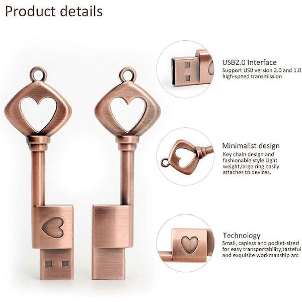USB-minne 32GB, Retro Metall Nyckelform USB-minne USB 2.0 Pen Drive