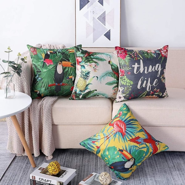 Flamingos och tropiska växter Kuddfodral Set med 4 - 45 x 45 cm, dekorativa kuddfodral i bomullslinne för soffa, bil och heminredning