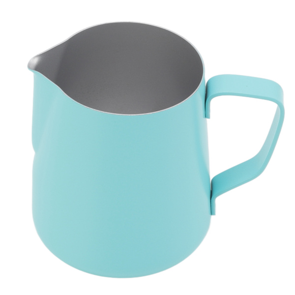 Melkeskummer i rustfritt stål, melkekanne, melkeskummer for melketebutikk, kafé, 350 ml, teflon, blå