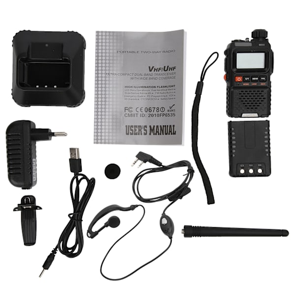Bärbara Walkie Talkies Set Handheld LCD Display Walky Talky med Hörlurar 100‑240V Svart EU-kontakt 100‑240V
