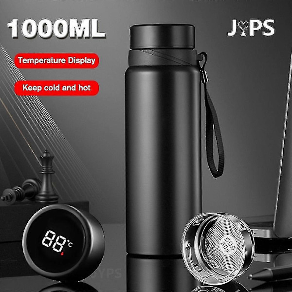 Älykäs termoskannu 1000ml - Pitää kylmänä ja kuumana - Lämpötilanäyttö - Termospullot vedelle, teelle, kahville 1000ml musta