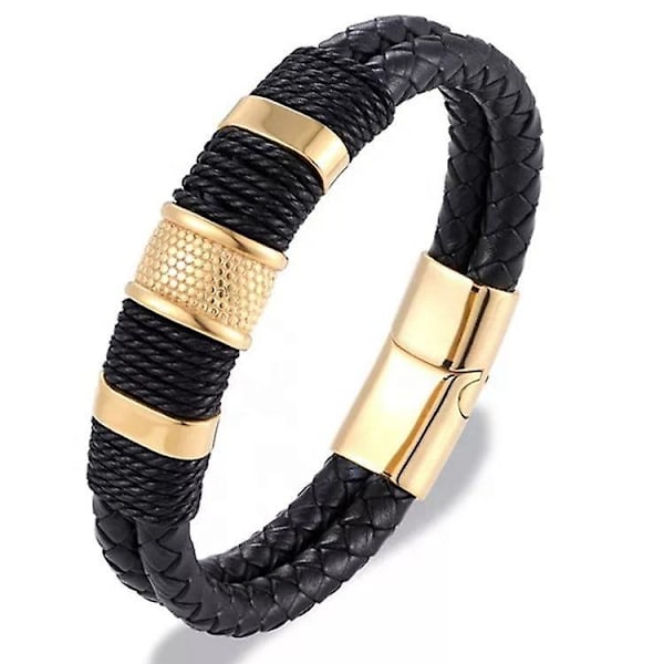 Mænds Premium Sort Læderarmbånd med Guld Magnetisk Rustfrit Stål Spænde