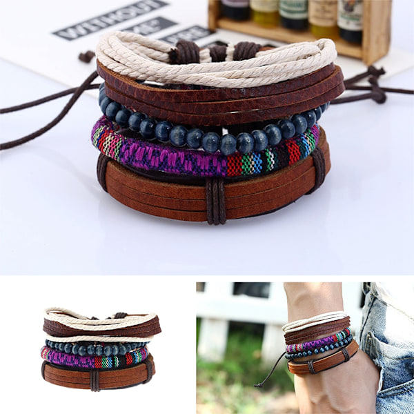 Fashion Retro Flettet Læder Hamp Reb 4PCS Armbåndssæt Dame Armbånd