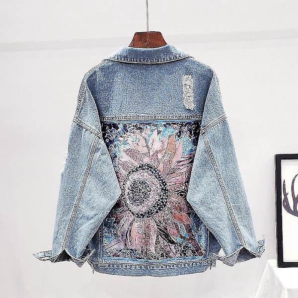 Boho-stil blomsterbrodert denim vinterjakke for kvinner