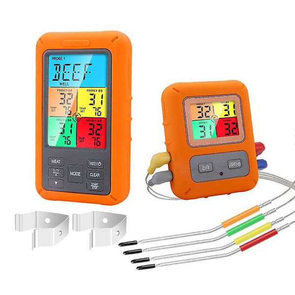 Kökstermometerset med 4 sonder - Omedelbar avläsning LCD-display, BBQ, stekning och temperatursondupplysning i färg
