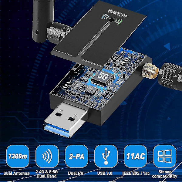 1300mbps Langdistanse USB Wifi Adapter For PC Stasjonær Laptop, USB Trådløs Adapter Dual Band 2.4ghz 5
