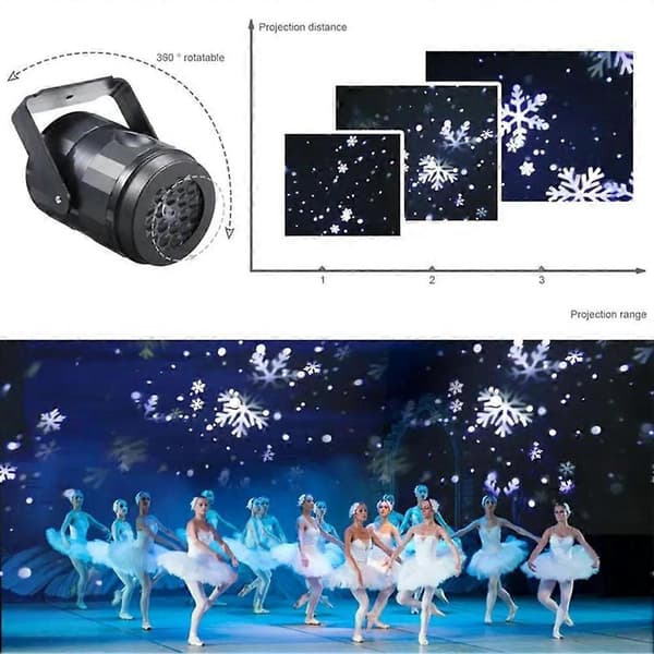 LED snøfnugg juletema projektor roterende julemønster LED scenelys for hjemmefestdekorasjon Black