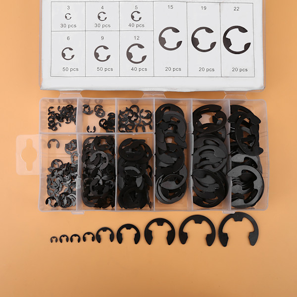 300 stk. sorte metal E-clips E-ring akselholderinge sortiment 3mm-22mm med æske