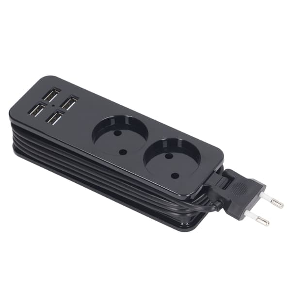 1200W 10A strømskinne 2 runde stik 4 USB-porte strømstik til telefon bærbar computer EU-stik 250V sort