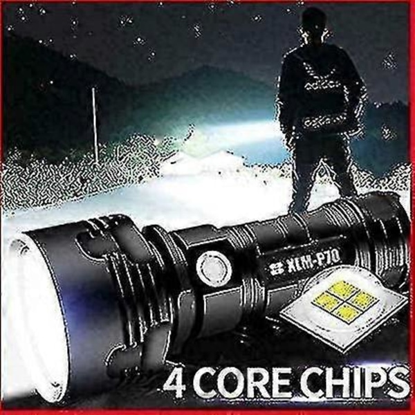 Hög Effekt LED Vattentät Ficklampa - 30000-100000 Lumen, 3 Lägen, USB Uppladdningsbar