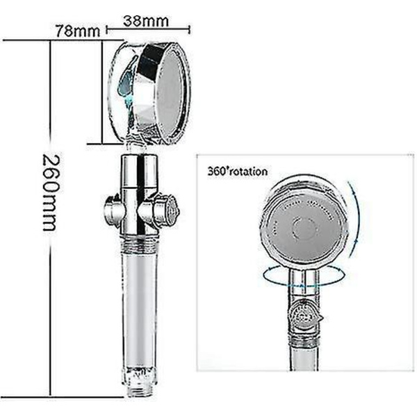 Lilla turboladet håndholdt dusjhode med propellteknologi, høytrykksvannbesparelse, 360° roterende, pauseknapp