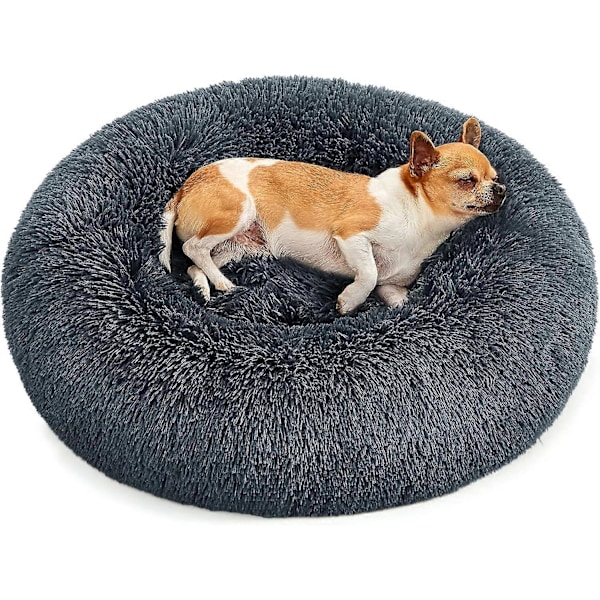 Blød hundeseng, katteseng, donut pude, vaskbar, aftagelig midterpude, lang plys, 60 cm diameter, ombr khaki