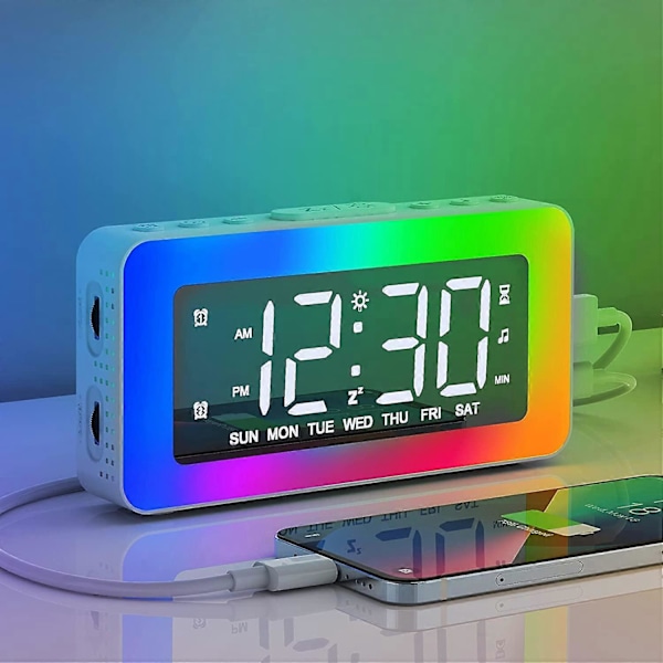 Digital Väckarklocka med 2 Alarm, LED Digital Spegelklocka med 8 Ljuslägen, Snooze, Sömnhjälp, Timer, Elektronisk Väckarklocka med Kontinuerlig