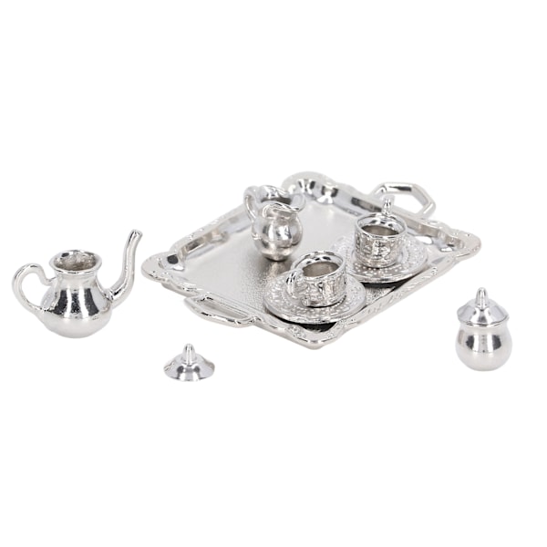Miniatyr te-set i metall, skala 1/12, realistisk miniatyr tekopp bricka kit för dockhus