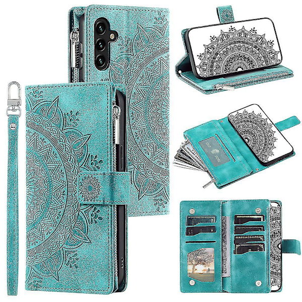 För Samsung Galaxy A54 5G PU Läder Mandala Blomma Präglat Handväska Blixtlåsficka Fodral Ställ Flera Kortplatser Flipskydd med Rem-B6 Grön