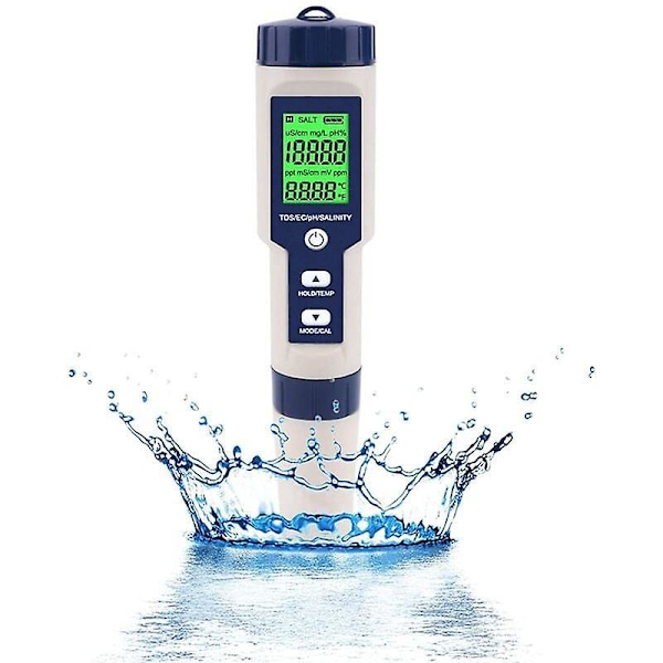 5 i 1 Elektronisk PH-måler, Mål pH & TDS & EC Salinitet & Temperatur Vannkvalitetstester, LCD-skjerm