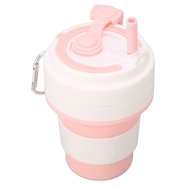 Vikbar kaffekopp Silikon Rosa 350 ml Bärbar Bra tätningsprestanda med sugrör Vikbar kaffemugg för resor