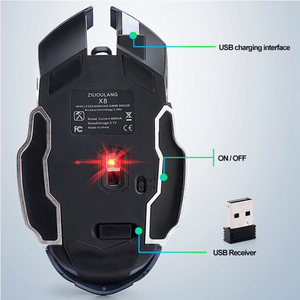 Oppladbar X8 trådløs spillmus Silent LED Bakgrunnsbelyst USB 1800DPI Optisk Ergonomisk Gaming Mus