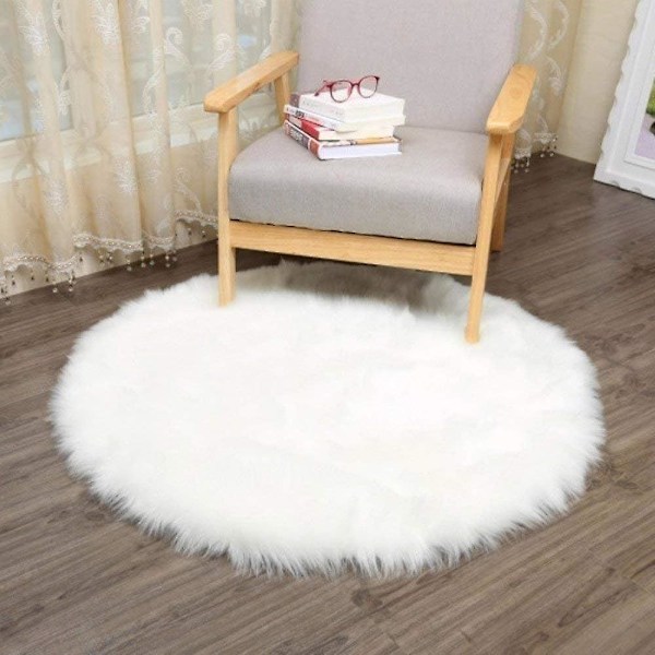 Hvidt rundt imiteret pels tæppe, fluffy skridsikker måtte til stue, soveværelse, sofa og gulv (60 x 60 cm)